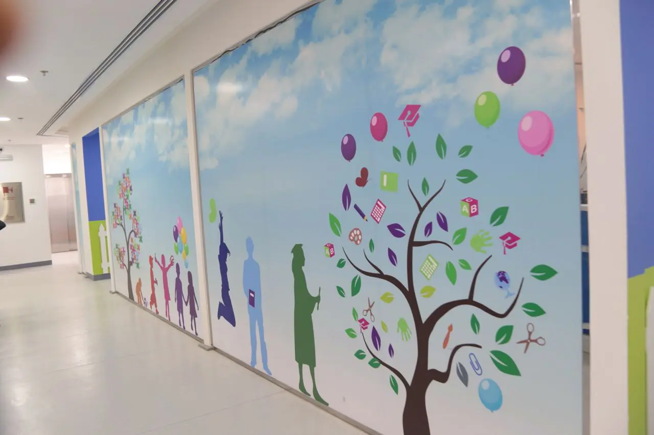 A hallway with painted with learning themes